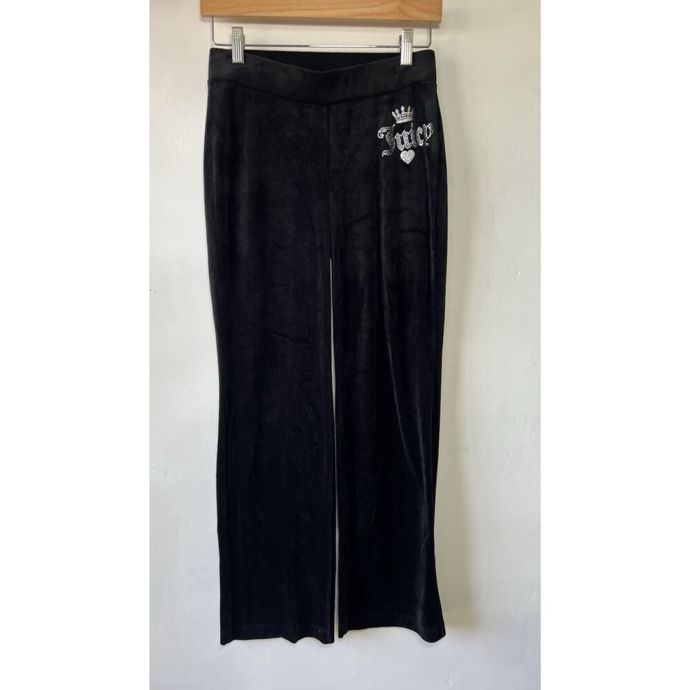 Juicy Couture Y2K Black Velour Rhinestone Logo Sweatpants Straight Leg Women XS